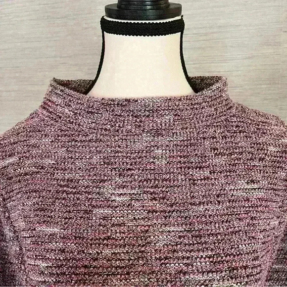 Loft Women Sweater Size M Pink Boucle Tweed Knit 3/4 Sleeve Mock Turtleneck - Picture 4 of 10